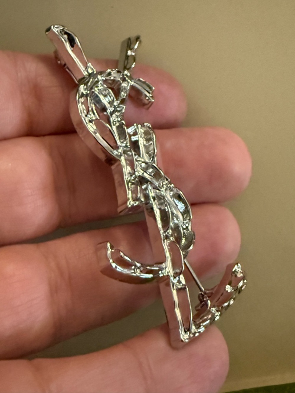 Brand new Saint Laurent brooch YSL Interlocking Logo Silver tone no box - Picture 4 of 8